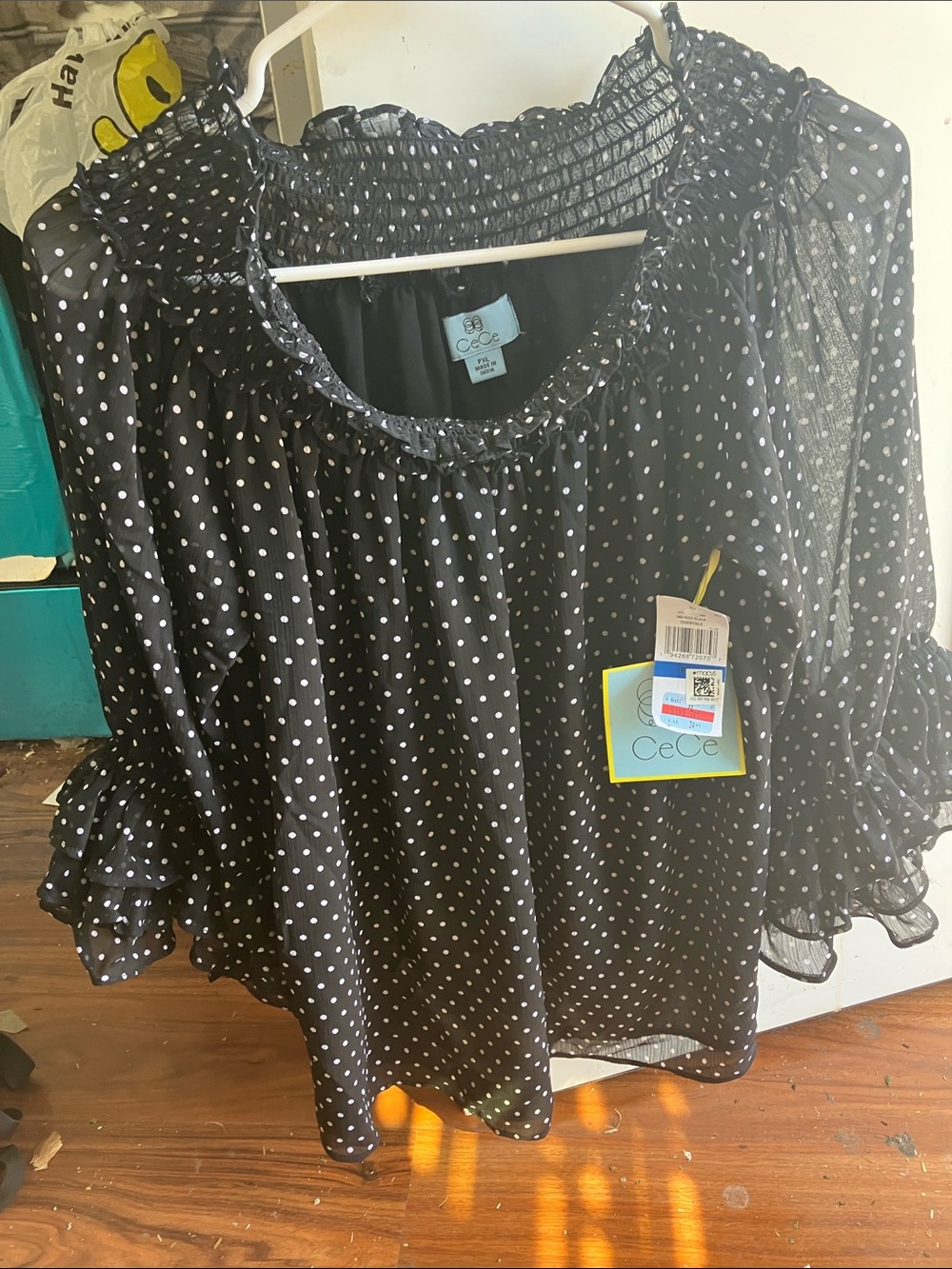 CeCe Black Polka Dot Smocked-Neck Sheer Blouse